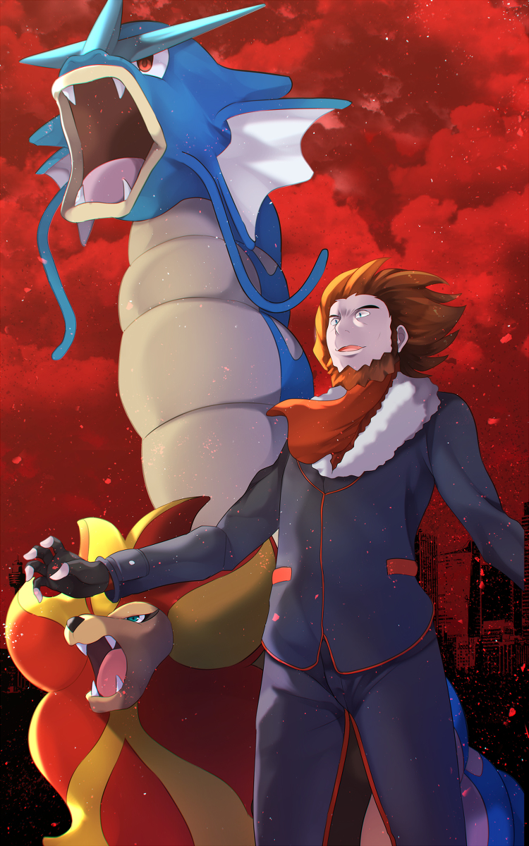 1boy ascot beard blue_eyes building fingerless_gloves fleur-de-lis_(pokemon) gyarados lion pokemon pokemon_(creature) pokemon_xy pyroar red_eyes red_hair red_sky sharp_teeth team_flare z.nov