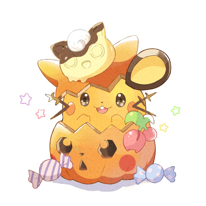 :3 blush_stickers brown_eyes buck_teeth candy cherrim cookie dedenne food gen_1_pokemon gen_4_pokemon gen_6_pokemon halloween hands_up happy jigglypuff looking_at_viewer mei_(maysroom) no_humans open_mouth pikachu pokemon pokemon_(creature) pumpkin simple_background smile star star_in_eye symbol_in_eye whiskers white_background