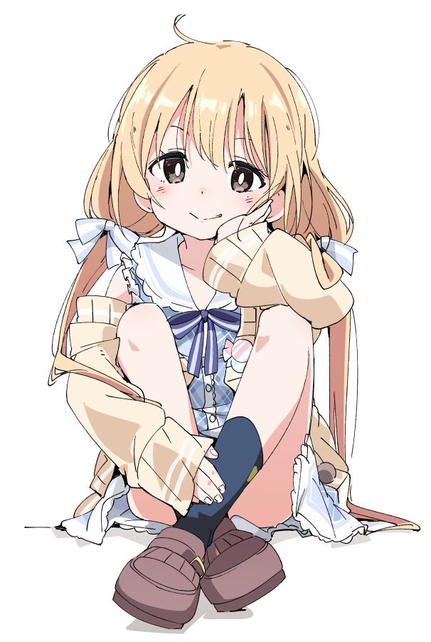 1girl blonde_hair blue_neckwear blue_ribbon bow brown_eyes brown_footwear closed_mouth futaba_anzu hair_bow idolmaster idolmaster_cinderella_girls ixy long_hair looking_at_viewer low_twintails ribbon shoes simple_background sitting smile socks solo striped striped_bow striped_ribbon twintails white_background