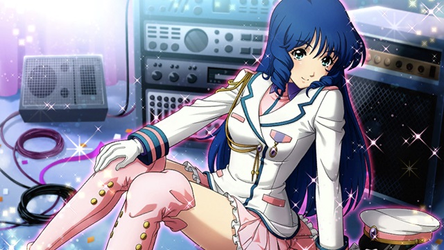 1girl bangs blue_eyes blue_hair boots closed_mouth dress_shirt drill_hair eyebrows_visible_through_hair frilled_skirt frills gloves hair_between_eyes hand_on_own_knee hat hat_removed headwear_removed jacket long_hair long_sleeves lynn_minmay macross military_jacket miniskirt official_art peaked_cap pink_footwear pink_shirt pink_skirt pleated_skirt shirt sitting skirt smile solo sparkle thigh-highs thigh_boots very_long_hair white_gloves white_jacket zettai_ryouiki