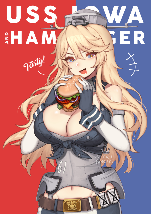+++ 1girl :d bangs bare_shoulders belt belt_buckle blonde_hair blue_eyes breasts buckle character_name commentary elbow_gloves english_text eyebrows_visible_through_hair eyes_visible_through_hair food front-tie_top gloves hair_between_eyes hamburger headgear holding holding_food iowa_(kantai_collection) kantai_collection large_breasts long_hair mouth_drool navel open_mouth simple_background smile solo star star_in_eye symbol_in_eye terupancake two-tone_background v-shaped_eyebrows
