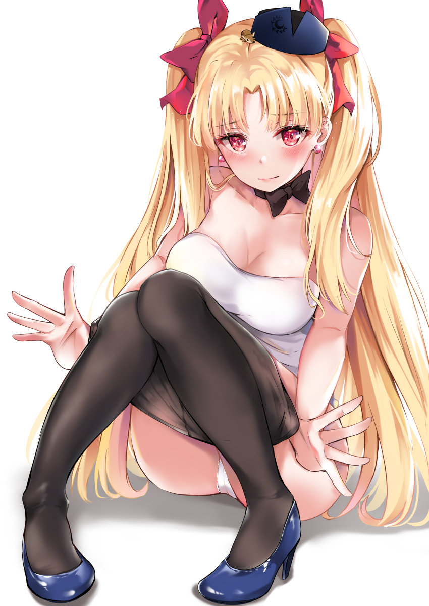 1girl bangs black_headwear black_legwear blonde_hair blue_footwear breasts earrings ereshkigal_(fate/grand_order) fate/grand_order fate_(series) hair_ribbon hat high_heels highres jewelry konka leotard long_hair medium_breasts pantyhose pantyhose_pull parted_bangs red_eyes red_ribbon ribbon sitting solo two_side_up undressing white_leotard