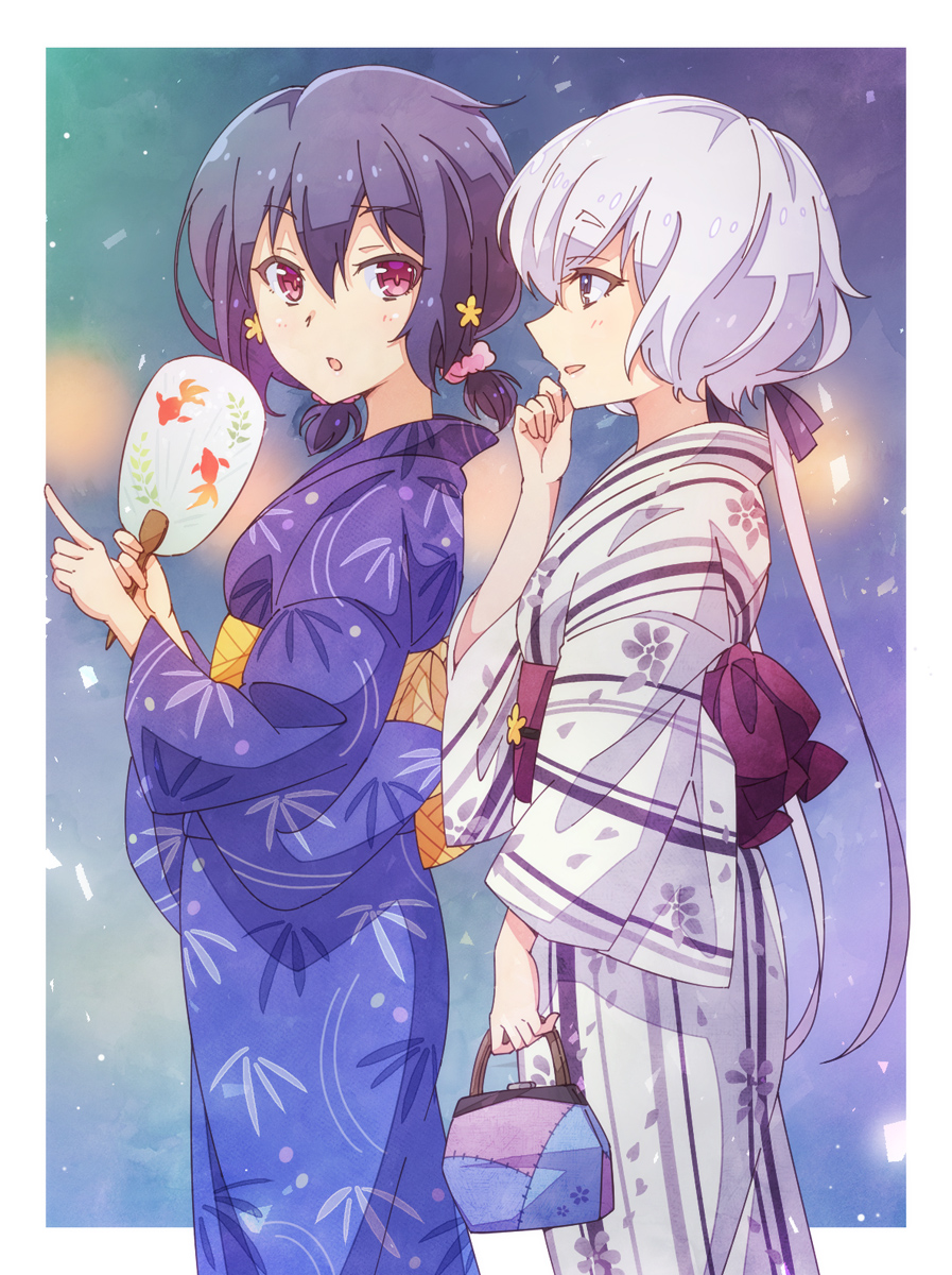 2girls alternate_hairstyle bag bangs black_hair black_ribbon blue_eyes blue_kimono commentary_request e20 fan flower hair_flower hair_ornament hair_ribbon hand_on_own_chin handbag highres holding holding_bag holding_fan japanese_clothes kimono konno_junko long_hair long_sleeves mizuno_ai multiple_girls obi open_mouth paper_fan pink_scrunchie pointing red_eyes ribbon sash scrunchie short_hair striped striped_kimono twintails uchiwa violet_eyes white_hair wide_sleeves yukata zombie_land_saga