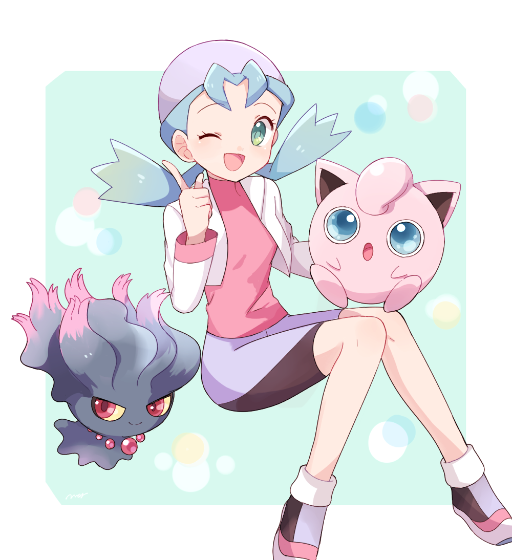 1girl 2others antenna_hair aqua_background aqua_eyes aqua_hair artist_name balloon_(pokemon) bike_shorts blue_eyes border breasts cat_ears closed_mouth creatures_(company) cropped_jacket crystal_(pokemon) floating full_body game_freak gen_1_pokemon gen_2_pokemon hands_up happy invisible_chair jacket jigglypuff knees_together_feet_apart long_sleeves looking_at_viewer marina_(pokemon) mei_(maysroom) misdreavus muu-chan_(pokemon) nintendo olm_digital one_eye_closed open_mouth pink-chan pink_shirt pokemon pokemon_(anime) pokemon_(creature) pokemon_(game) pokemon_(manga) pokemon_gsc pokemon_special purple_headwear red_eyes screech_(specie) shirt shoes signature simple_background sitting small_breasts smile tied_hair twintails white_border white_jacket yellow_sclera