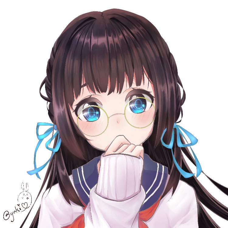 1girl blue_eyes blue_ribbon braid brown_hair glasses hair_ribbon hand_up long_sleeves mu_xue original ribbon school_uniform serafuku simple_background upper_body white_background