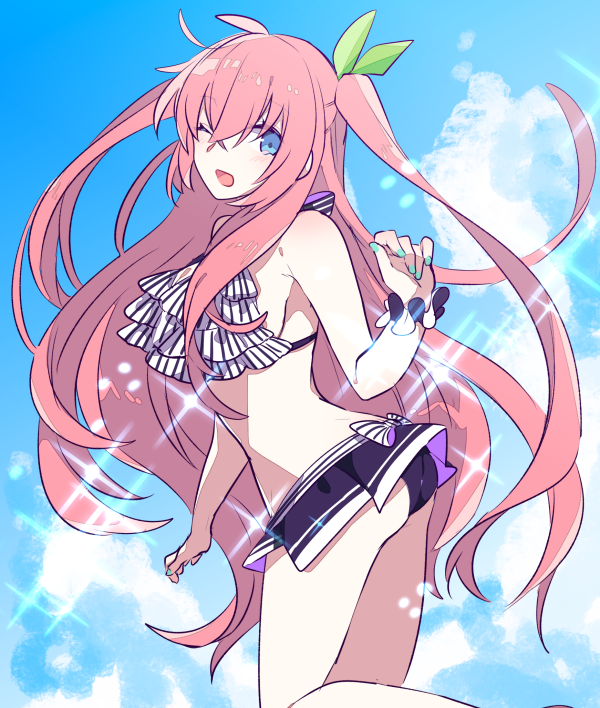 1girl aqua_nails bikini blue_eyes blue_sky bow bow_bikini bowtie clouds cloudy_sky commentary cowboy_shot day frilled_bikini_top hair_ornament hand_up layered_bikini leaf leaf_hair_ornament leg_up light_blush long_hair looking_at_viewer looking_back megurine_luka nail_polish one_eye_closed outdoors pink_hair scrunchie shoulder_blush sky smile solo sparkle splashing striped striped_bow swimsuit very_long_hair vocaloid wrist_scrunchie yoshiki