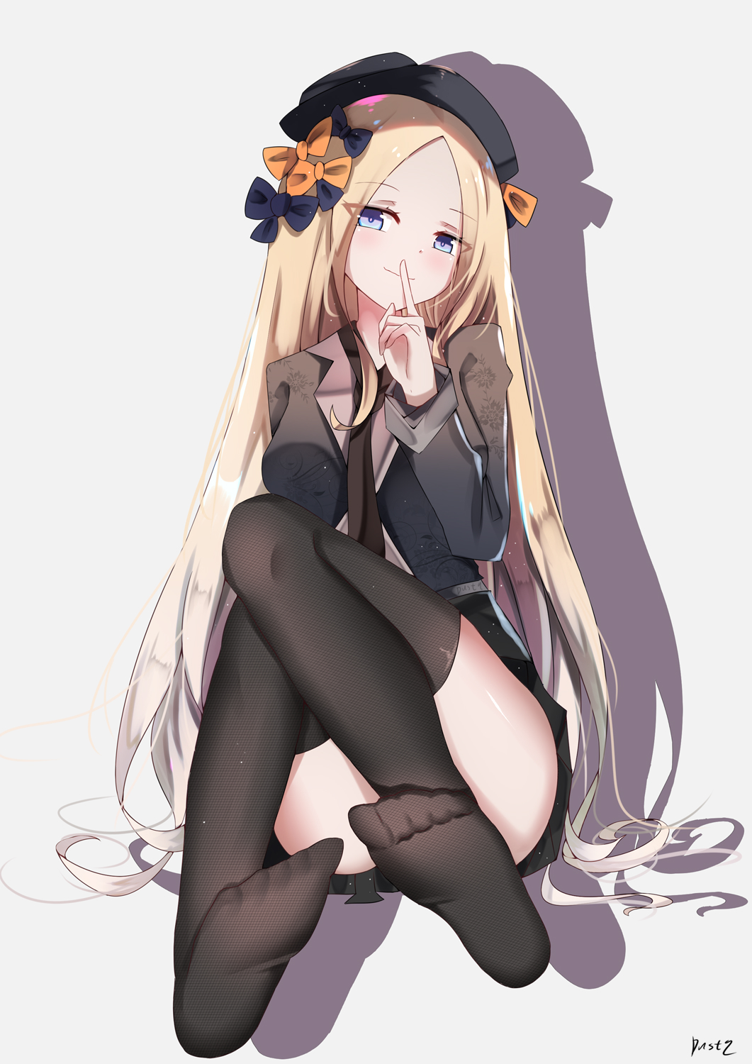 1girl abigail_williams_(fate/grand_order) alternate_costume bangs black_bow black_headwear black_legwear black_neckwear black_shirt black_skirt blonde_hair blue_eyes blush bow closed_mouth dust9 eyebrows_visible_through_hair fate/grand_order fate_(series) feet finger_to_mouth forehead full_body grey_background hair_bow hand_up hat highres indoors knees_up legs long_hair long_sleeves necktie no_shoes orange_bow parted_bangs pleated_skirt revision shadow shirt shushing signature simple_background sitting skirt smile soles solo thigh-highs very_long_hair