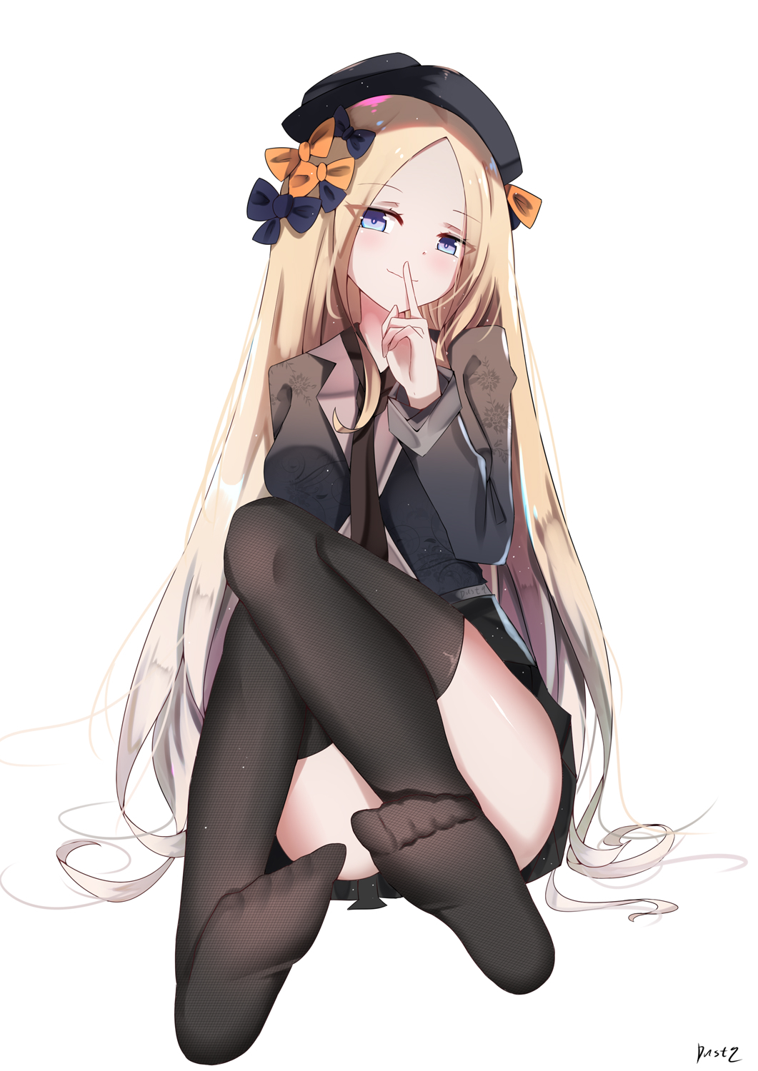 1girl abigail_williams_(fate/grand_order) alternate_costume bangs black_bow black_headwear black_legwear black_neckwear black_shirt black_skirt blonde_hair blue_eyes blush bow closed_mouth dust9 eyebrows_visible_through_hair fate/grand_order fate_(series) feet finger_to_mouth forehead full_body hair_bow hand_up hat highres indoors knees_up legs long_hair long_sleeves necktie no_shoes orange_bow parted_bangs pleated_skirt shirt shushing signature simple_background sitting skirt smile soles solo thigh-highs very_long_hair white_background