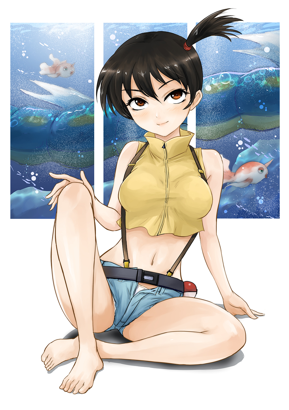 1girl alternate_breast_size alternate_color alternate_eye_color alternate_hair_color arm_support bare_arms bare_legs bare_shoulders barefoot belt black_hair blush breasts brown_eyes closed_mouth collared_shirt commentary_request crop_top crossed_ankles dengeki!_pikachu gen_1_pokemon goldeen gyarados gym_leader hand_on_own_knee high_collar highleg highres kasumi_(pokemon) legs looking_at_viewer medium_breasts midriff navel open_clothes open_fly open_shorts panties panty_peek poke_ball pokemon pokemon_(creature) shiny shiny_hair shirt short_hair shorts side_ponytail sitting smile solo stomach underwear very_short_hair white_panties yellow_shirt