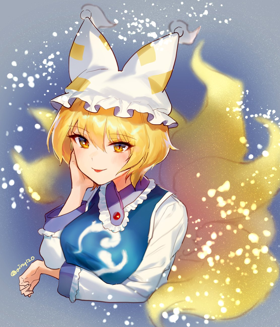1girl :p ainy77 artist_name bangs blonde_hair blue_background blush breasts commentary_request cropped_torso dress eyebrows_visible_through_hair fox_tail frilled_shirt_collar frilled_sleeves frills gradient gradient_background hair_between_eyes hand_on_own_cheek hand_up hat highres large_breasts light_particles long_sleeves looking_at_viewer multiple_tails partial_commentary pillow_hat short_hair smile solo tabard tail tongue tongue_out touhou twitter_username upper_body white_dress white_headwear yakumo_ran yellow_eyes