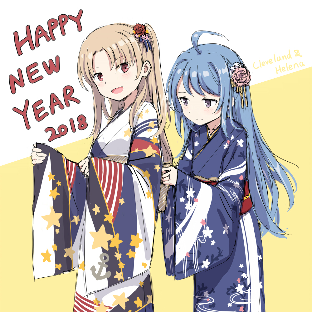 2girls :d ahoge alternate_costume azur_lane cleveland_(azur_lane) cnm floral_print happy_new_year helena_(azur_lane) japanese_clothes kimono long_hair multiple_girls new_year open_mouth print_kimono smile