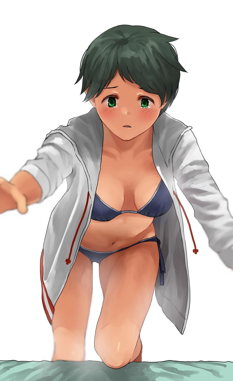1girl bangs bed bikini black_hair blue_bikini blurry breasts commentary_request cowboy_shot depth_of_field drawstring green_eyes highres hood hooded_jacket hoodie jacket kantai_collection leaning_forward looking_at_viewer mogami_(kantai_collection) short_hair side-tie_bikini simple_background small_breasts solo swept_bangs swimsuit tooku_nomura_(artist) white_background white_jacket