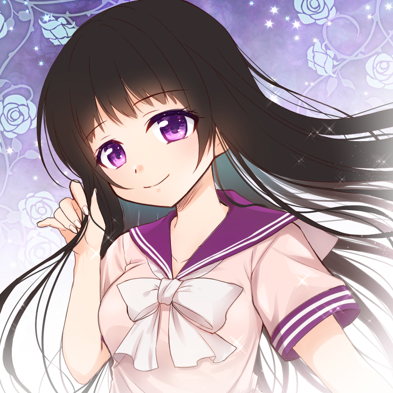 1girl bangs black_hair character_request commentary_request copyright_request floral_background long_hair looking_at_viewer neck_ribbon ousawa_kanata playing_with_own_hair purple_sailor_collar ribbon sailor_collar school_uniform serafuku short_sleeves smile solo sparkle star upper_body violet_eyes white_neckwear