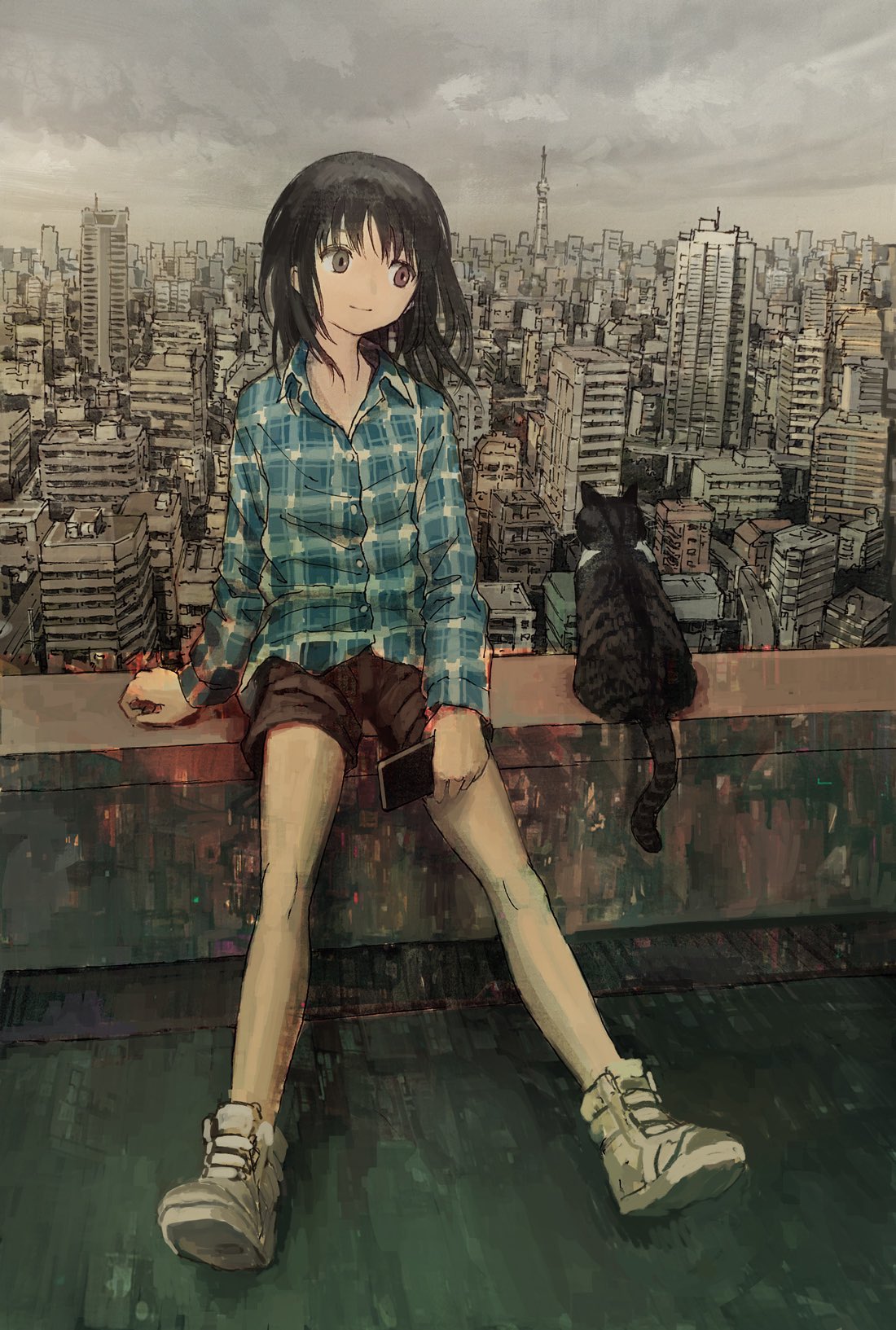 1girl bare_legs black_hair brown_eyes cat cityscape clouds cloudy_sky collared_shirt commentary day flannel highres holding holding_phone long_hair long_sleeves original outdoors overcast phone rooftop shirt shoes shorts sitting sky smile sneakers tokunaga_akimasa untucked_shirt