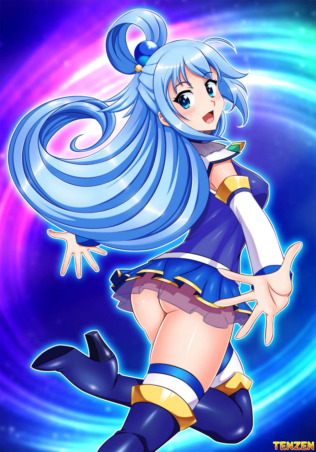 1girl aqua_(konosuba) artist_name asymmetrical_bangs bangs blue_eyes blue_footwear blue_hair blue_legwear blue_shirt blue_skirt blurry blurry_background blush boots breasts covered_nipples detached_sleeves english_commentary eyebrows_visible_through_hair from_behind from_side gold_trim hair_ornament hair_rings high_heels highres kono_subarashii_sekai_ni_shukufuku_wo! leg_up long_hair looking_at_viewer looking_back medium_breasts no_panties open_mouth outline outstretched_arms shiny shiny_clothes shiny_hair shiny_skin shirt skirt solo tenzen_(netspike) thigh-highs thigh_boots very_long_hair white_outline