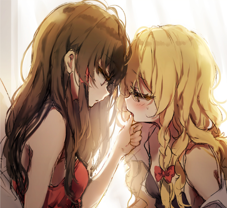 2girls bangs bare_shoulders blonde_hair blush bow breasts brown_eyes brown_hair commentary curtains dress eyebrows_visible_through_hair from_side hair_bow hair_tubes hakurei_reimu hand_up indoors kirisame_marisa long_hair looking_at_another multiple_girls no_hat no_headwear off_shoulder open_clothes open_mouth open_shirt piyokichi profile red_bow red_dress shirt sidelocks small_breasts touhou upper_body white_shirt yuri