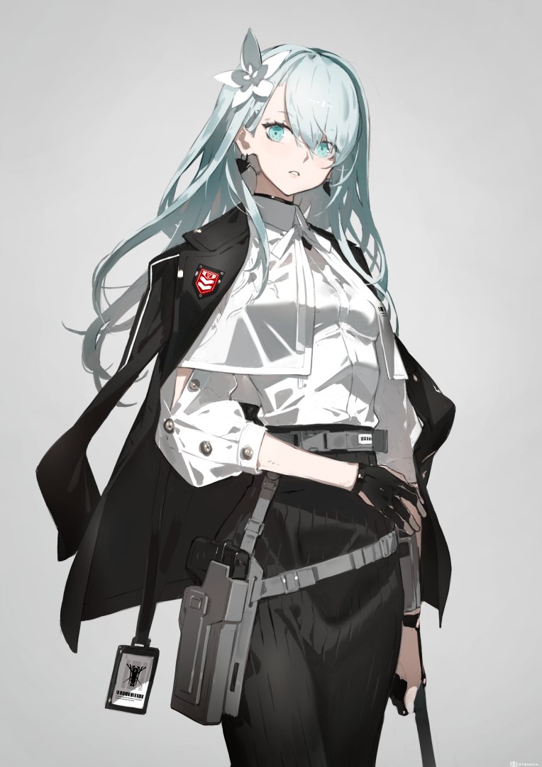 1girl black_coat black_skirt commentary fingerless_gloves gloves green_eyes green_hair grey_background holster holstered_weapon long_hair long_sleeves neco original parted_lips pleated_skirt shirt skirt white_shirt