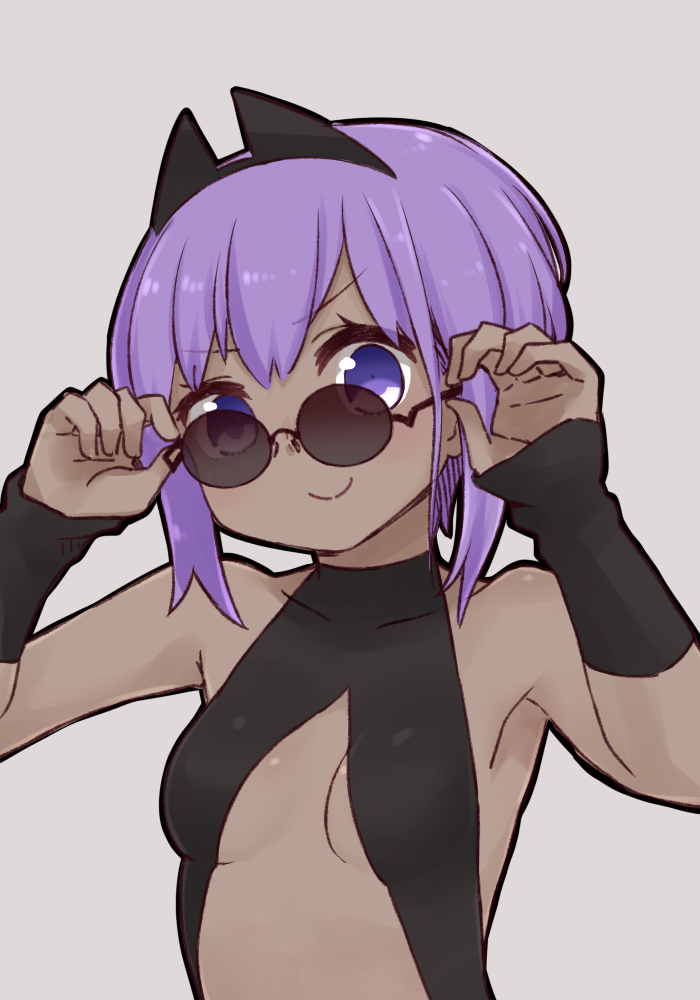 &gt;:) 1girl adjusting_eyewear bangs bare_shoulders black_leotard breasts closed_mouth collarbone covered_collarbone dark_skin eyebrows_visible_through_hair fate/prototype fate/prototype:_fragments_of_blue_and_silver fate_(series) grey_background hands_up hassan_of_serenity_(fate) i.u.y leotard purple_hair sidelocks simple_background small_breasts smile solo sunglasses upper_body v-shaped_eyebrows violet_eyes