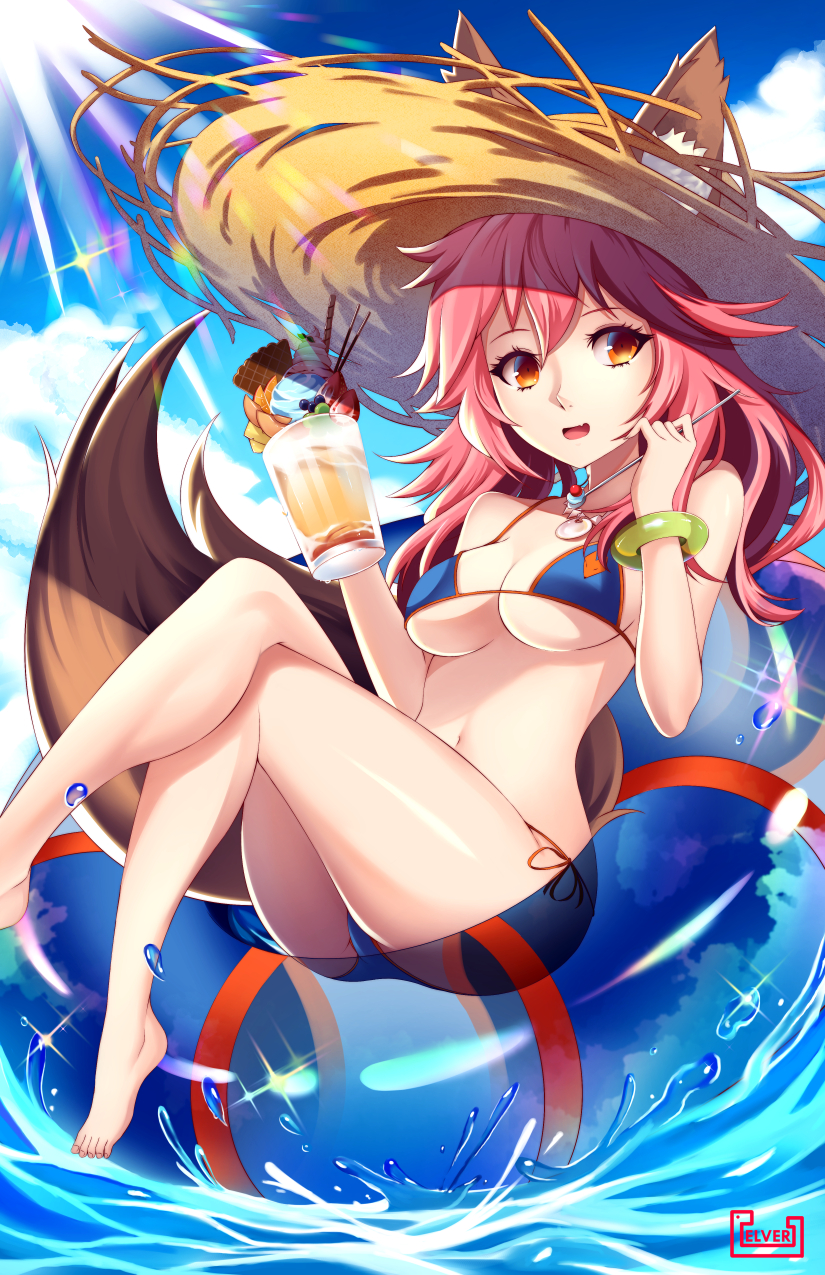 1girl :d animal_ear_fluff animal_ears artist_name bangs bare_arms bare_legs bare_shoulders barefoot bikini blue_bikini blue_sky breasts clouds commentary crossed_legs cup day drinking_glass ears_through_headwear elver-lee fate/grand_order fate_(series) feet_out_of_frame food fox_ears fox_tail fruit hair_between_eyes hands_up hat highres holding holding_cup ice_cream_cone innertube jewelry light_rays long_hair looking_at_viewer medium_breasts navel necklace open_mouth orange_eyes outdoors pink_hair pocky side-tie_bikini sitting sky smile solo sparkle stomach straw_hat strawberry sun_hat swimsuit tail tamamo_(fate)_(all) tamamo_no_mae_(swimsuit_lancer)_(fate) thighs waffle_cone water water_drop