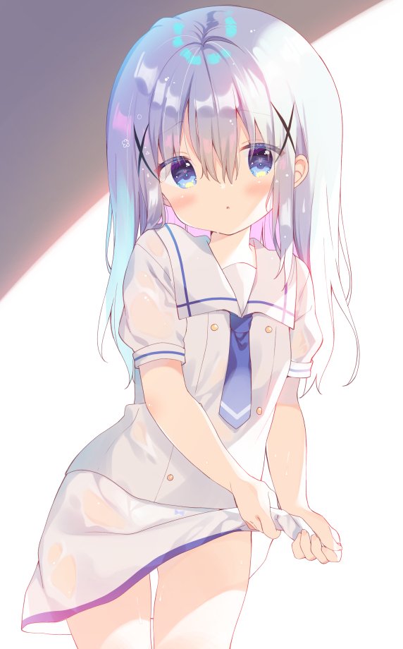 1girl :o bangs blue_eyes blue_hair blue_neckwear blush collared_dress commentary_request dress eyebrows_visible_through_hair gochuumon_wa_usagi_desu_ka? hair_between_eyes hair_ornament kafuu_chino kafuu_chino's_school_uniform long_hair looking_at_viewer multicolored_hair necktie parted_lips puffy_short_sleeves puffy_sleeves purple_hair school_uniform see-through short_sleeves solo two-tone_hair wet wet_clothes wet_dress white_dress wringing_clothes wringing_dress x_hair_ornament yuizaki_kazuya