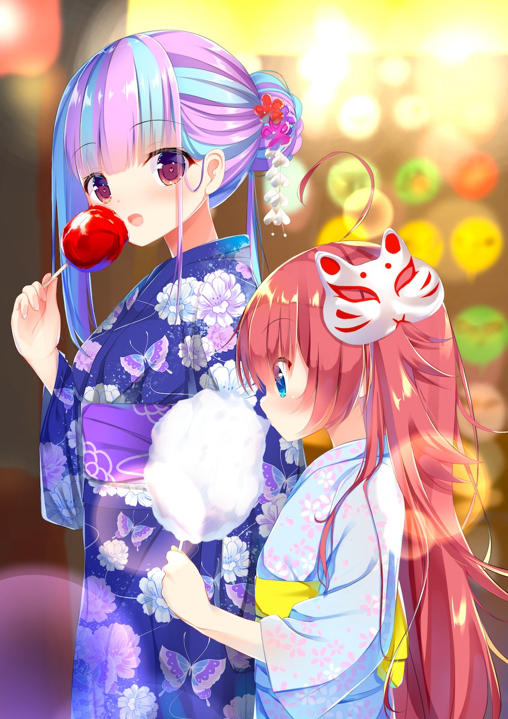 2girls :d ahoge animal_print bang_dream! bangs blue_eyes blue_hair blue_kimono blurry blush bokeh butterfly_print candy_apple chu2_(bang_dream!) commentary_request cotton_candy depth_of_field eating floral_print food fox_mask from_side hair_bun hair_ornament highres holding holding_food japanese_clothes kanzashi kimono koh_(user_kpcu7748) long_hair looking_at_viewer mask multicolored_hair multiple_girls obi open_mouth pareo_(bang_dream!) pink_hair red_eyes redhead sash sidelocks smile summer_festival two-tone_hair wide_sleeves