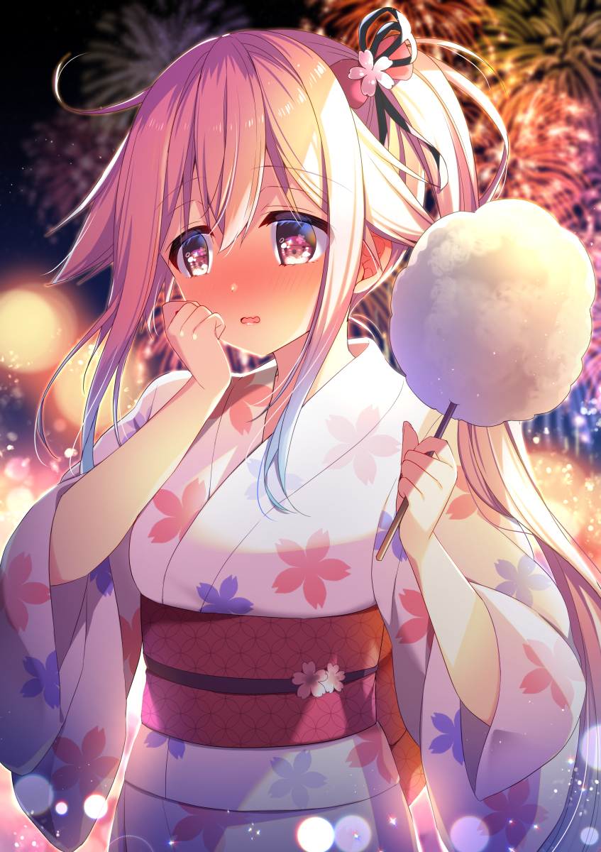 1girl aerial_fireworks alternate_costume bangs blue_hair blurry blurry_background blush commentary_request cotton_candy depth_of_field eyebrows_visible_through_hair fireworks floral_print food gradient_hair hair_between_eyes hair_flaps hair_ribbon harusame_(kantai_collection) highres holding holding_food japanese_clothes kantai_collection kimono looking_away multicolored_hair night night_sky nose_blush pink_eyes pink_hair ribbon ringo_sui sash side_ponytail sidelocks sky solo wavy_mouth wide_sleeves yukata