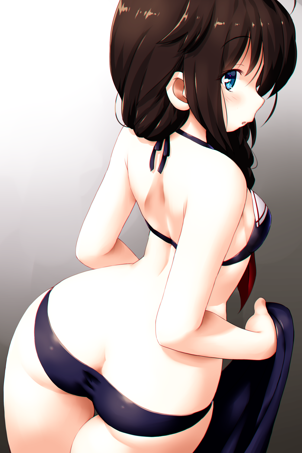 1girl :o adapted_costume ass back bikini blue_eyes braid breasts brown_hair butt_crack dd_(ijigendd) hair_flaps hair_over_shoulder hair_ribbon highres kantai_collection looking_at_viewer looking_back neckerchief red_neckwear remodel_(kantai_collection) ribbon shigure_(kantai_collection) sideboob single_braid skindentation solo swimsuit