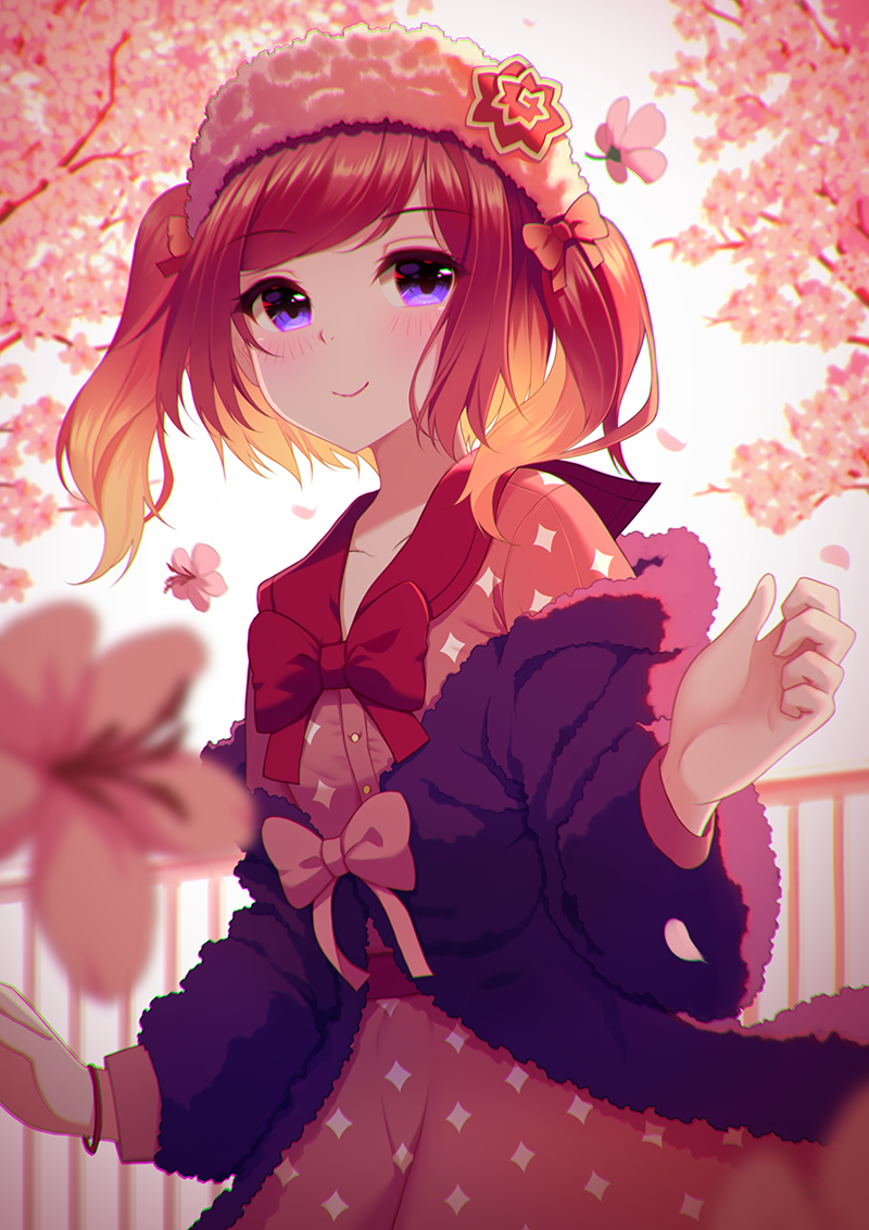 1girl bangs blurry_foreground blush bow cherry_blossoms collarbone commentary_request dress flower fur_trim hair_bow hair_ornament hat jacket long_sleeves looking_at_viewer original outdoors pink_dress purple_jacket red_bow redhead rizky_(strated) short_twintails smile solo tree twintails violet_eyes