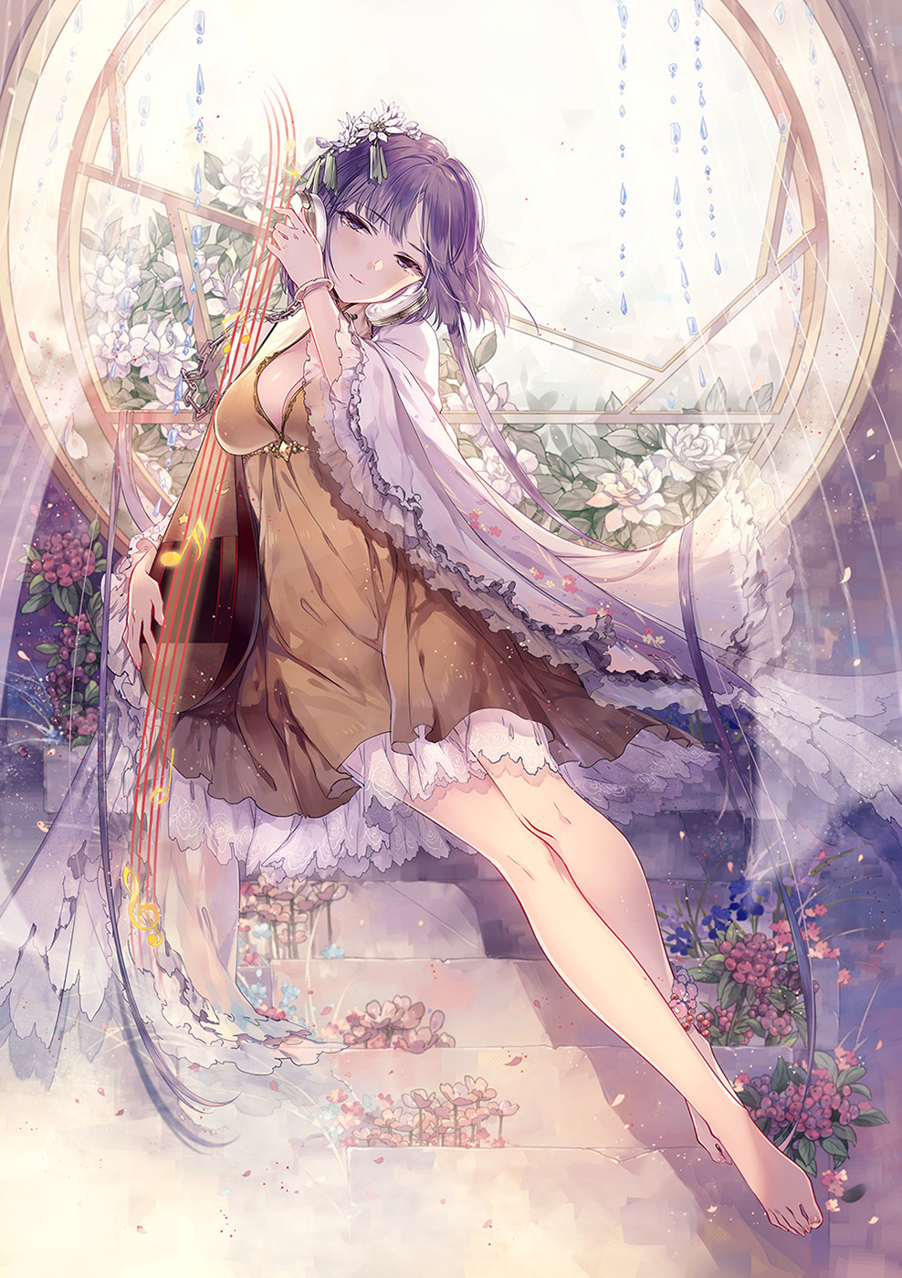 1girl bangs barefoot blush breasts commentary_request curtains dress eighth_note eyebrows_visible_through_hair flower hair_flower hair_ornament hand_up head_tilt highres indoors kieta long_hair long_sleeves looking_at_viewer medium_breasts musical_note petticoat purple_hair shadow smile solo staff_(music) touhou tsukumo_benben very_long_hair violet_eyes white_flower wide_sleeves window yellow_dress