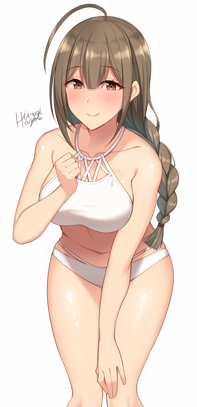 1girl ahoge artist_name bare_arms bare_shoulders bikini blush braid breasts brown_eyes brown_hair clenched_hand closed_mouth collarbone commentary_request feet_out_of_frame hair_between_eyes highres hiiragi_hajime idolmaster idolmaster_shiny_colors kuwayama_chiyuki large_breasts leaning_forward long_hair looking_at_viewer navel sidelocks signature single_braid smile solo standing swimsuit thighs white_bikini
