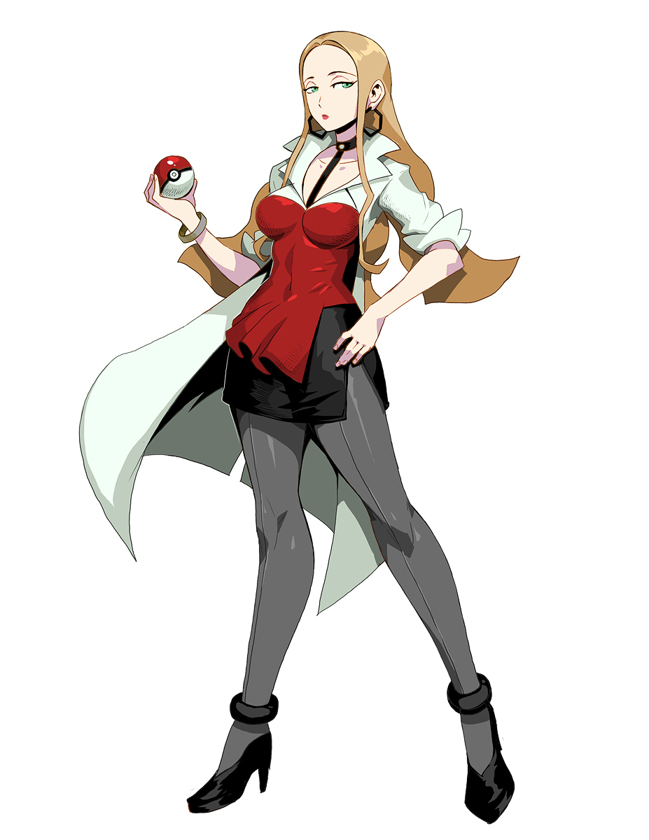 1girl blonde_hair blouse bracelet breasts coat earrings genzoman highres jewelry lipstick long_hair makeup olive_(pokemon) pantyhose poke_ball pokemon pokemon_(game) pokemon_swsh red_blouse skirt solo