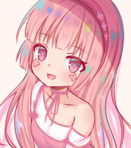 1girl :d bangs bare_shoulders blunt_bangs blush brown_background collarbone dress eyebrows_visible_through_hair facial_mark hairband long_hair looking_at_viewer lowres open_mouth original pink_dress pink_hair pink_hairband satori_(ymoy) shirt simple_background smile solo strap_slip symbol-shaped_pupils upper_body very_long_hair violet_eyes white_shirt