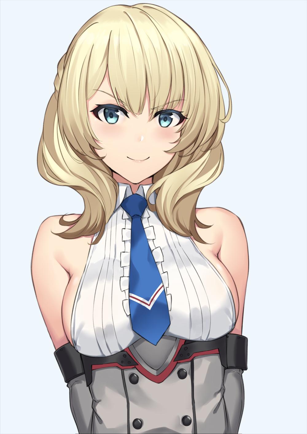 1girl bangs bare_shoulders blonde_hair blue_background blue_eyes blue_neckwear breasts colorado_(kantai_collection) commentary_request dress elbow_gloves eyebrows_visible_through_hair gloves grey_dress highres kantai_collection necktie pak_ce shirt short_hair side_braids sideboob sleeveless white_shirt