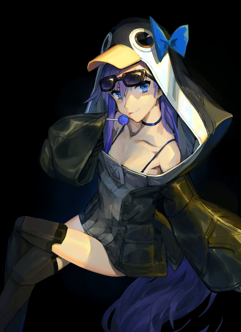 1girl :p animal_costume animal_hood black_background blue_bow blue_eyes bow bra_strap candy choker collarbone ecien eyewear_on_head fate/grand_order fate_(series) food hair_bow highres hood hood_up hoodie lollipop long_hair meltryllis meltryllis_(swimsuit_lancer)_(fate) oversized_clothes prosthesis prosthetic_leg purple_hair simple_background sleeves_past_wrists solo sunglasses tongue tongue_out