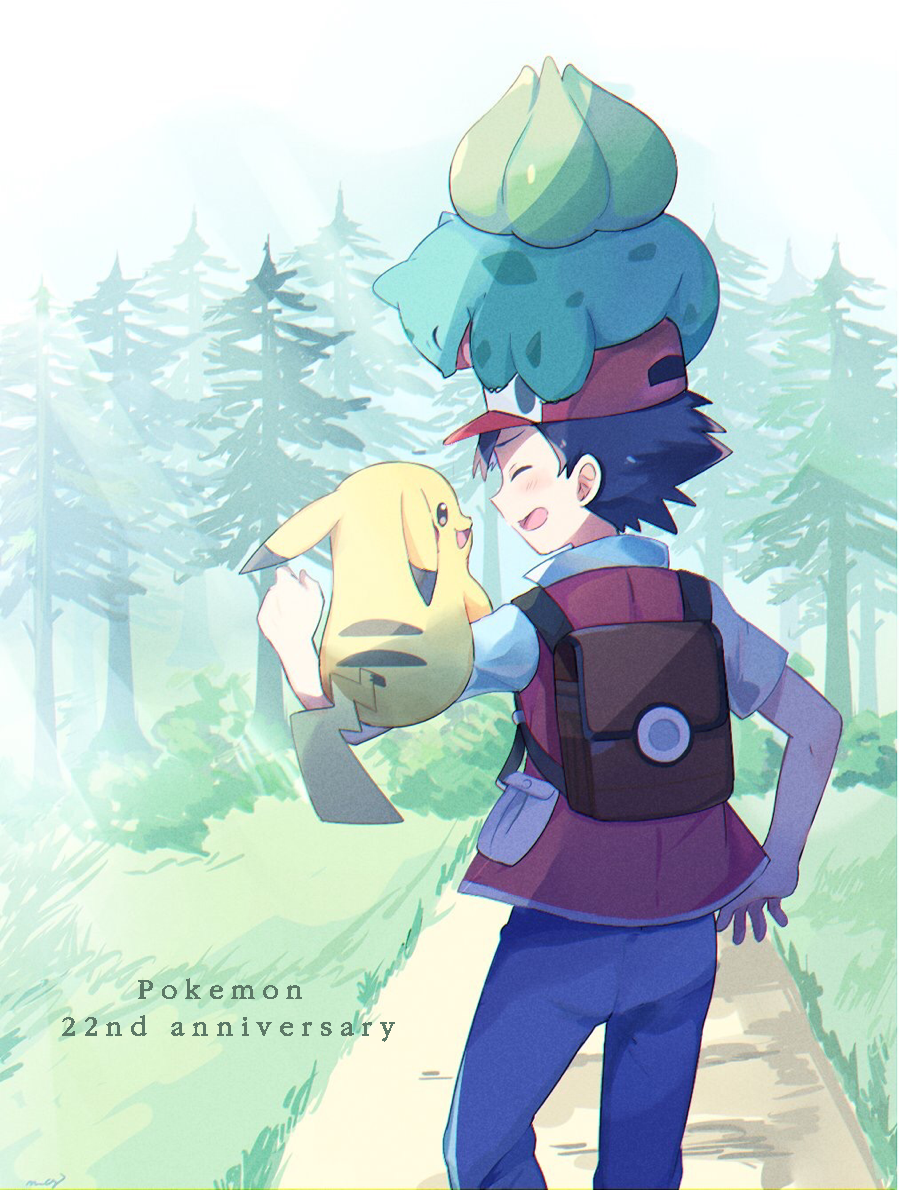 1boy arm_up artist_name backpack bag baseball_cap black_eyes black_hair blue_pants blue_sky blush bulbasaur bush closed_eyes copyright_name creatures_(company) day english_text forest from_behind game_freak gen_1_pokemon grass happy hat light_blush looking_at_another male_focus mei_(maysroom) nature nintendo open_mouth outdoors pants pikachu poke_ball_theme pokemon pokemon_(creature) pokemon_(game) pokemon_on_head pokemon_rgby red_(pokemon) red_headwear red_vest revision shirt short_sleeves signature sky smile standing sunlight tree vest white_shirt