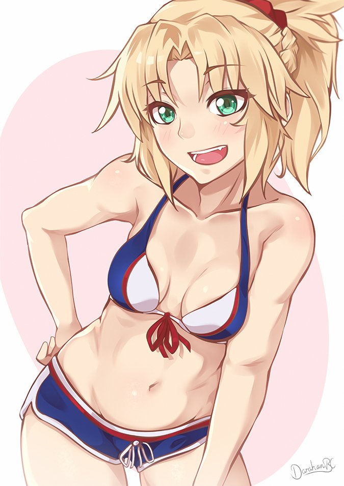 1girl :d ass_visible_through_thighs bikini blonde_hair blue_bikini blush breasts darahan fang fate/grand_order fate_(series) front-tie_bikini front-tie_top green_eyes hair_ornament hair_scrunchie hand_on_hip leaning_forward looking_at_viewer medium_breasts medium_hair messy_hair mordred_(fate)_(all) mordred_(swimsuit_rider)_(fate) navel open_mouth ponytail red_scrunchie scrunchie side-tie_bikini signature smile solo swimsuit