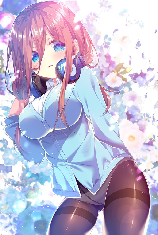 1girl arm_behind_back black_legwear blue_cardigan blue_eyes blush breasts brown_hair collared_shirt commentary_request crotch_seam floral_background go-toubun_no_hanayome hair_between_eyes hand_in_hair headphones headphones_around_neck long_hair long_sleeves looking_at_viewer medium_breasts mitsumomo_mamu nakano_miku no_pants panties panties_under_pantyhose pantyhose shirt solo thighband_pantyhose underwear