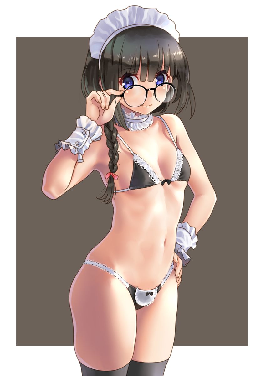 1girl armpits bare_arms bare_shoulders bikini black-framed_eyewear black_bikini black_hair black_legwear blue_eyes braid breasts choker commentary_request cowboy_shot glasses hair_over_shoulder hand_on_eyewear hand_on_hip hand_up highres katahira_masashi long_hair looking_at_viewer looking_over_eyewear maid maid_bikini maid_headdress navel original sidelocks single_braid small_breasts smile solo standing strap_gap swimsuit thigh-highs two-tone_background wrist_cuffs