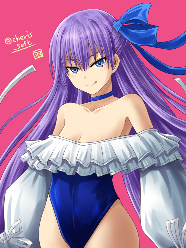 1girl bangs bare_shoulders blue_eyes blue_ribbon blue_swimsuit breasts choker closed_mouth covered_navel fate/grand_order fate_(series) frills hair_between_eyes hair_ribbon haura_akitoshi highleg highleg_swimsuit licking_lips long_hair long_sleeves looking_at_viewer meltryllis meltryllis_(swimsuit_lancer)_(fate) one-piece_swimsuit pink_background puffy_sleeves purple_hair ribbon simple_background sleeves_past_fingers sleeves_past_wrists small_breasts smile solo swimsuit tongue tongue_out twitter_username very_long_hair