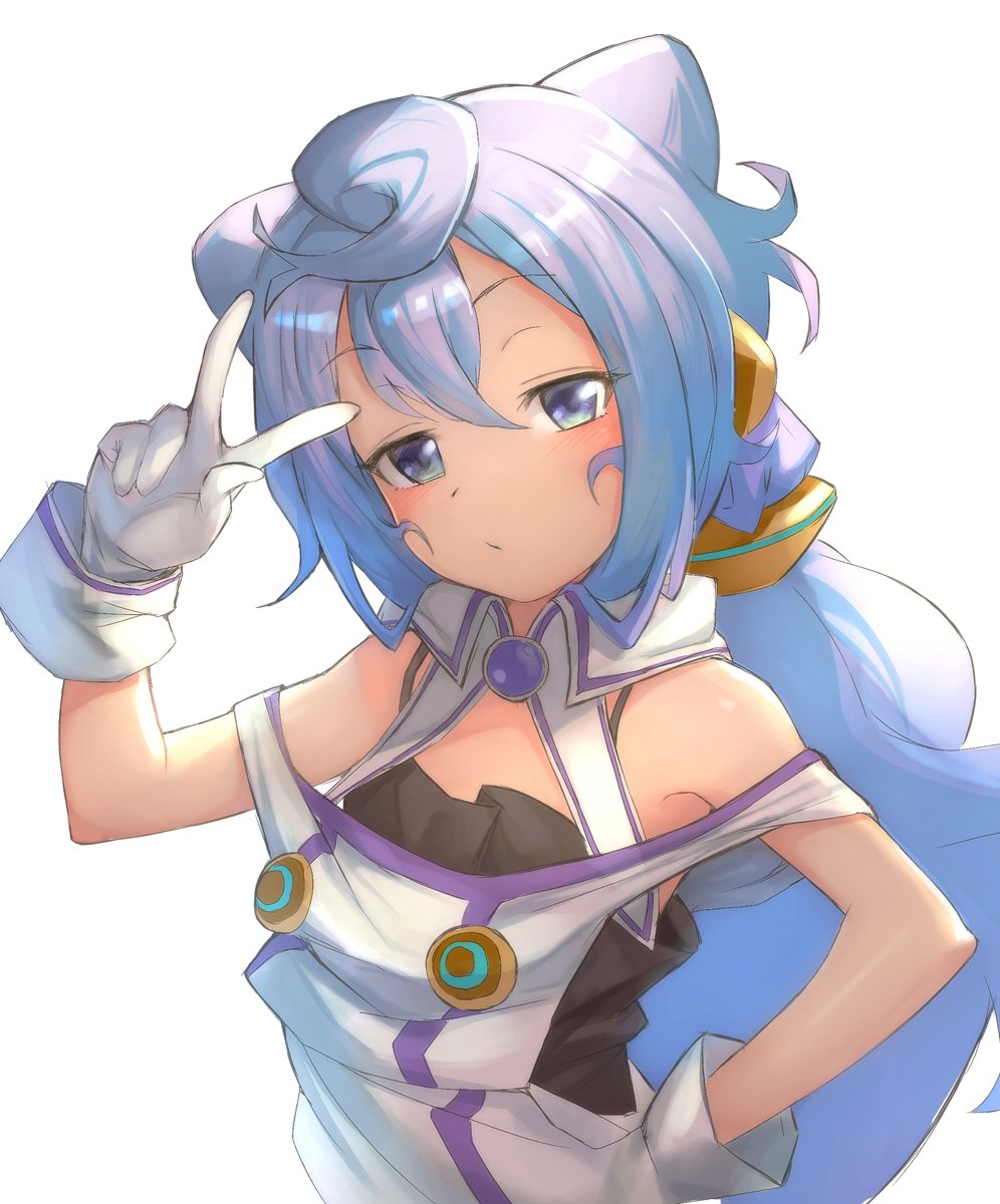 1boy arm_up bangs bare_shoulders blue_hair eyebrows_visible_through_hair gloves hacka_doll hacka_doll_3 hair_ornament highres long_hair looking_at_viewer male_focus otoko_no_ko otsukemono simple_background solo upper_body v violet_eyes w white_background white_gloves