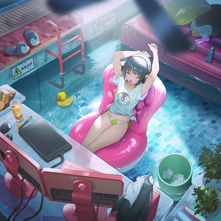 1girl bikini_bottom bikini_top bird clothes_writing computer drawing_tablet dual_monitor english_text front-tie_top glass headphones inflatable_toy keyboard_(computer) mogumo monitor original penguin pillow plant pool_ladder rubber_duck shirt slippers solo stretch stuffed_toy stylus swimsuit t-shirt text_focus tied_shirt tissue_box trash_can tube water wet wet_clothes wet_shirt yawning
