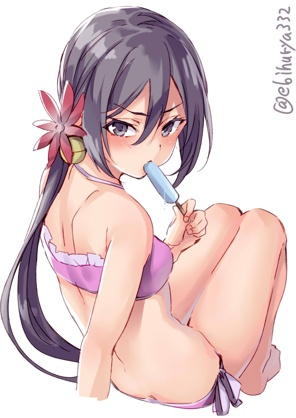 1girl akebono_(kantai_collection) alternate_costume bell bikini blush eating ebifurya flower food hair_bell hair_flower hair_ornament highres ice_cream kantai_collection long_hair looking_at_viewer pink_bikini purple_hair side_ponytail simple_background solo swimsuit twitter_username very_long_hair violet_eyes white_background