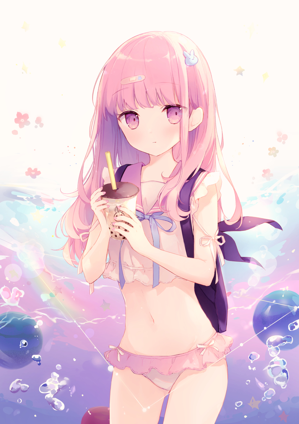 1girl :t ass_visible_through_thighs backpack bag bandaid bangs bare_arms bare_shoulders blue_ribbon blush bubble_tea bunny_hair_ornament closed_mouth commentary_request cowboy_shot crop_top cup disposable_cup drinking_straw eyebrows_visible_through_hair fingernails frilled_bikini_bottom hair_ornament hands_up highres holding holding_cup long_hair looking_at_viewer nail_polish neck_ribbon original pink_hair pink_nails pink_sailor_collar pout ribbon sailor_collar shirt sleeveless sleeveless_shirt solo suzumori_uina violet_eyes water_drop white_bikini_bottom white_shirt