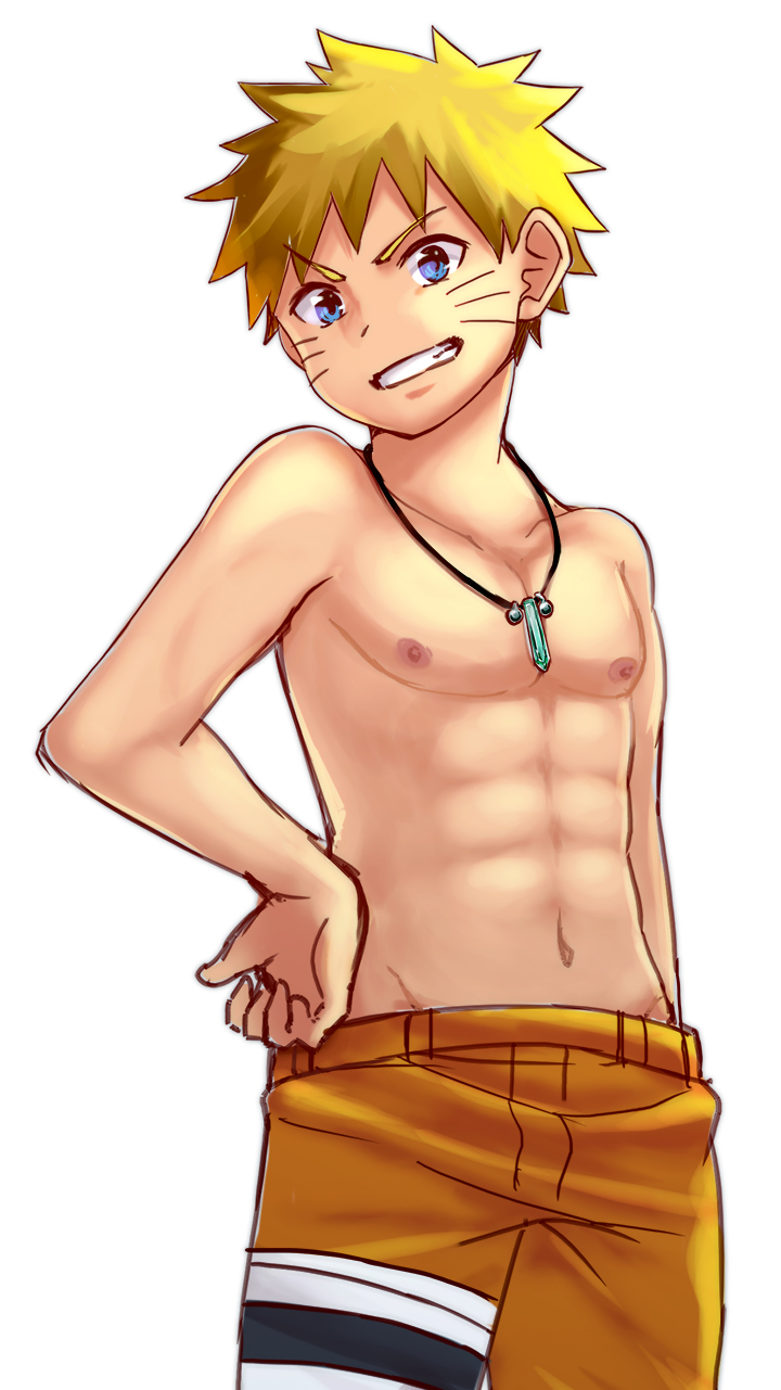 1boy abs blonde_hair blue_eyes facial_mark grin highres jewelry looking_at_viewer male_focus naruto naruto_(series) navel necklace ronba1125 shirtless simple_background smile solo uzumaki_naruto whisker_markings white_background