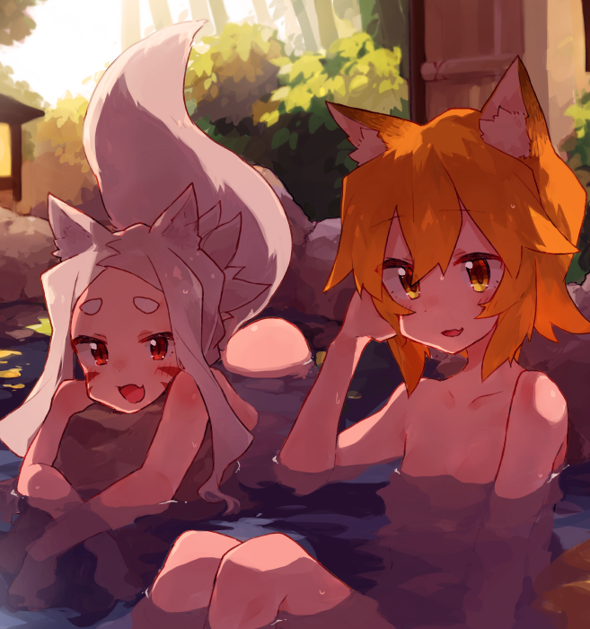 2girls animal_ear_fluff animal_ears bangs blonde_hair blush commentary facial_mark fang fox_ears fox_girl fox_tail hair_between_eyes light_rays long_hair looking_at_viewer multiple_girls nude onsen open_mouth outdoors partially_submerged red_eyes rimukoro rock senko_(sewayaki_kitsune_no_senko-san) sewayaki_kitsune_no_senko-san shiro_(sewayaki_kitsune_no_senko-san) short_hair skin_fang smile sunbeam sunlight tail thick_eyebrows water white_hair yellow_eyes