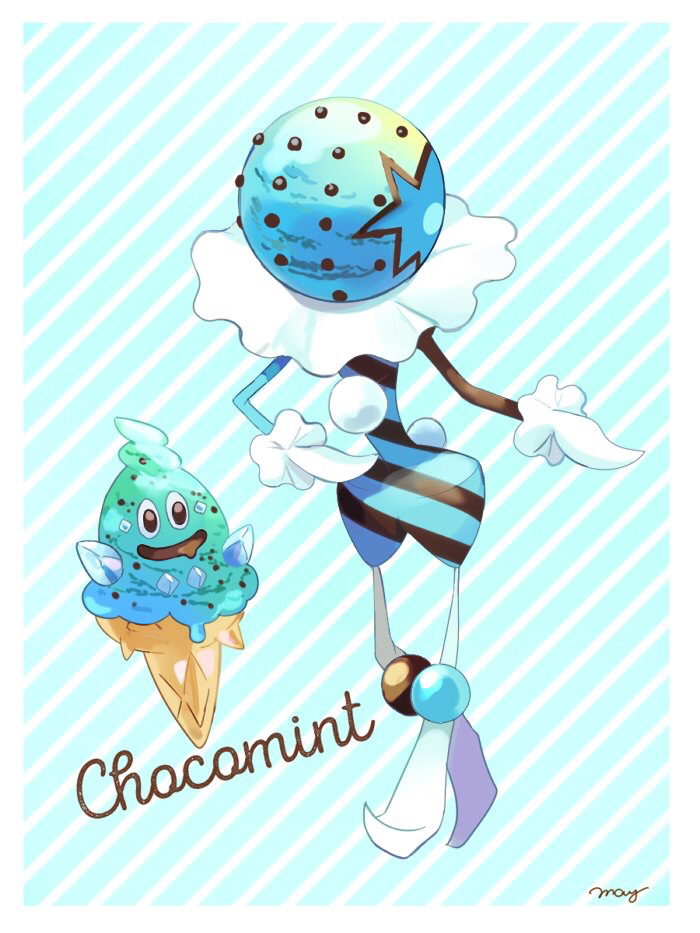 alternate-colored_non-shiny_pokemon artist_name blacephalon blue_background border brown_eyes chocolate_mint drooling english_text floating food full_body gen_5_pokemon happy ice_cream jpeg_artifacts mei_(maysroom) no_humans open_mouth pokemon pokemon_(creature) signature simple_background smile standing striped striped_background ultra_beast vanillish white_border