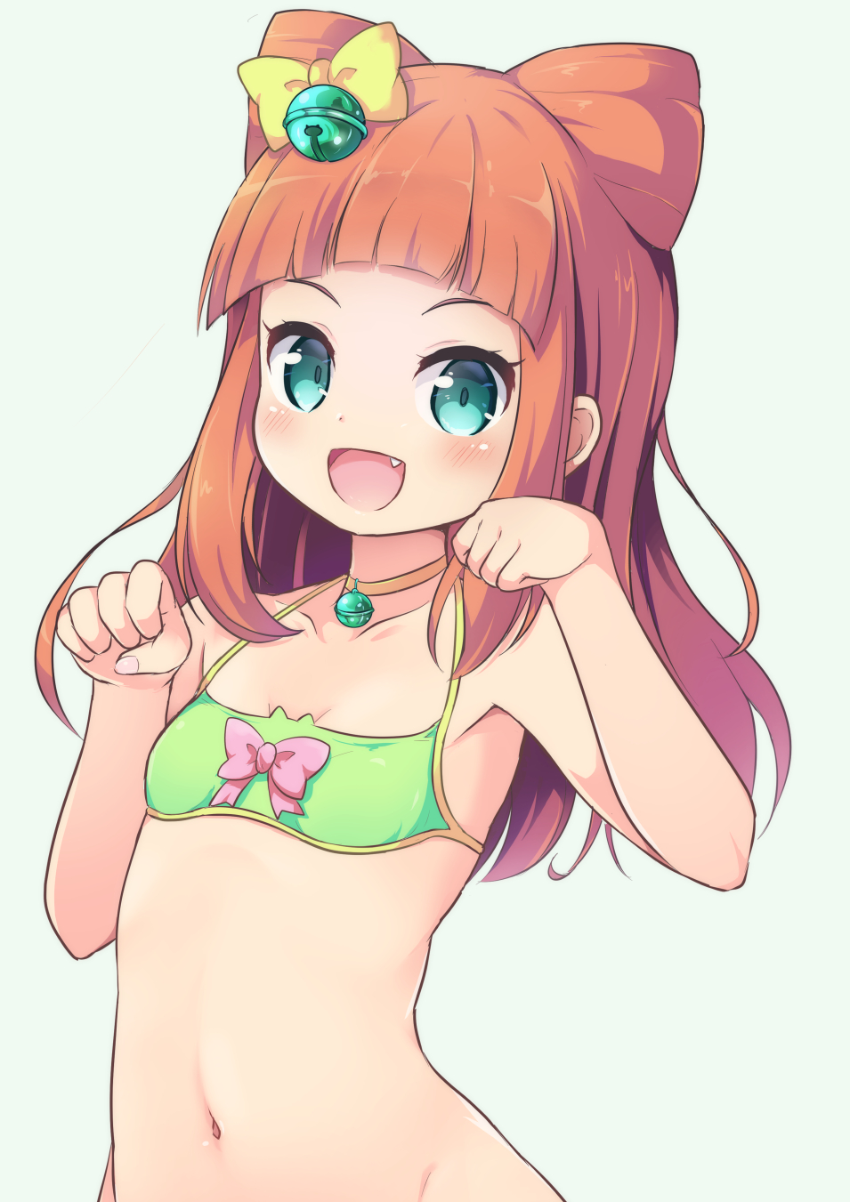 1girl :d aikatsu!_(series) aikatsu_stars! bangs bare_arms bare_shoulders bell bikini blue_eyes blush bow breasts brown_hair choker collarbone commentary_request fang fingernails green_background green_bikini groin hair_bell hair_bow hair_ornament halter_top halterneck hands_up highres jingle_bell long_hair navel nekono_rin open_mouth paw_pose saotome_ako simple_background small_breasts smile solo swimsuit v-shaped_eyebrows yellow_bow yellow_choker