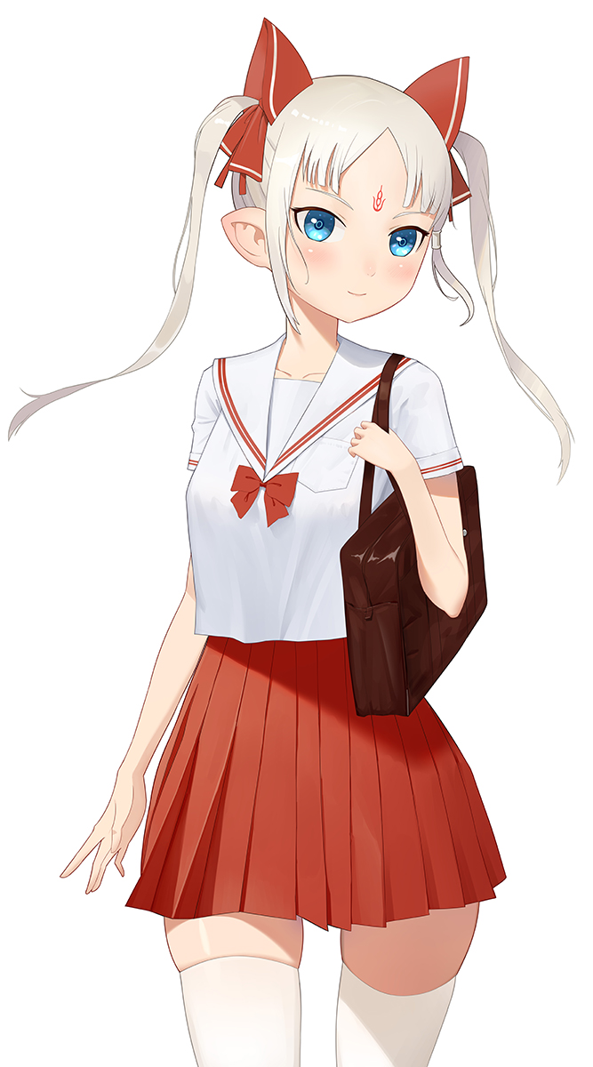 1girl bad_hand bag bangs blue_eyes blush bookbag bow cop_craft:_dragnet_mirage_reloaded facial_mark forehead_mark highres lbo_(bodlike) long_hair parted_bangs pleated_skirt pointy_ears red_bow red_skirt school_uniform serafuku short_sleeves sidelocks skirt smile solo standing thigh-highs tilarna_exedilika twintails white_hair white_legwear white_serafuku zettai_ryouiki