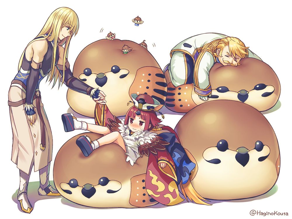 1girl 2boys animal apron armored_boots bangs bare_shoulders bean_bag_chair benienma_(fate/grand_order) bird black_footwear black_gloves black_shirt blonde_hair blush bobby_socks boots brown_headwear brown_kimono closed_eyes closed_mouth commentary_request elbow_gloves eurasian_tree_sparrow eyebrows_visible_through_hair facial_hair fate/grand_order fate_(series) fingerless_gloves fionn_mac_cumhaill_(fate/grand_order) gloves goldorf_musik gradient_hair green_eyes hagino_kouta hair_between_eyes hat holding_hands jacket japanese_clothes kimono long_hair long_sleeves low_ponytail muji_body_fitting_sofa multicolored_hair multiple_boys mustache nose_blush pants parted_bangs platform_footwear ponytail red_eyes redhead shadow shirt sleeveless sleeveless_shirt sleeves_past_wrists smile socks sparrow sweat twitter_username very_long_hair white_apron white_background white_gloves white_jacket white_legwear white_pants wide_sleeves zouri