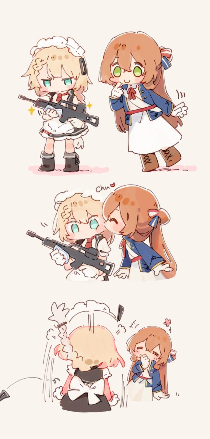 2girls assault_rifle blonde_hair blue_eyes brown_hair cheek_kiss chibi cleaning_gun closed_eyes closed_mouth commentary_request embarrassed g36_(girls_frontline) girls_frontline green_eyes gun h&amp;k_g36 highres kiss m1903_springfield_(girls_frontline) maid maid_headdress multiple_girls rifle shuzi smile surprise_kiss surprised weapon
